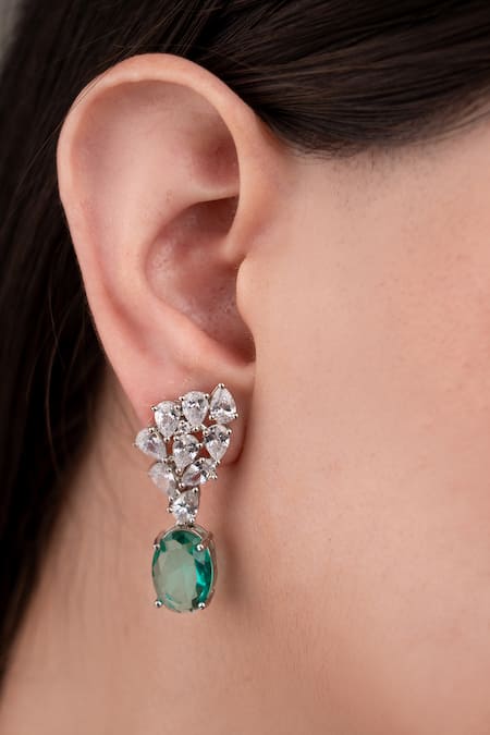 Anana_Green Stones Silver Plated Designer Necklace And Earrings _Online_at_Aza_Fashions