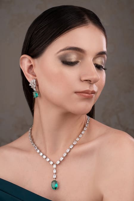 Anana Green Silver Plated Designer Necklace & Earrings 