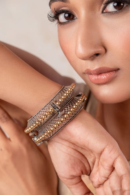 Anana Gold Plated Beads Two Tone Brass Kada Set 