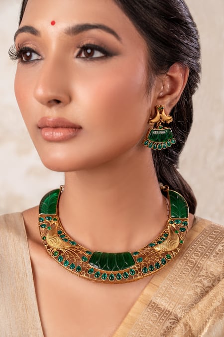 Anana Green Stones Brass Choker Necklace And Earring Set 
