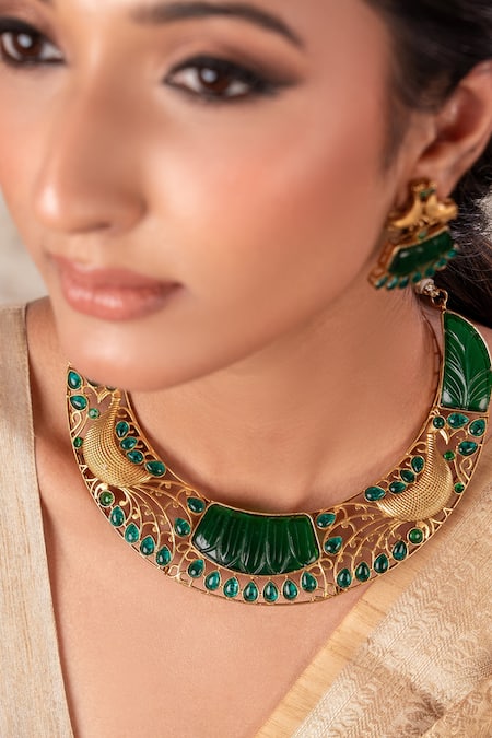 Anana Green Brass Choker Necklace & Earring Set 
