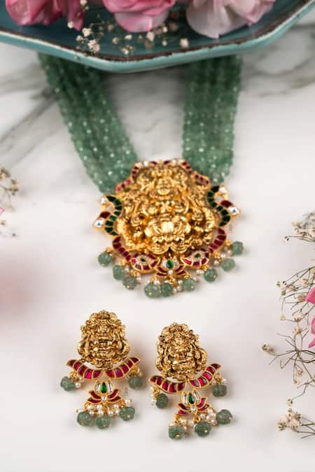 Shop Anana Green Imitation Gemstones Gold Plated Beaded Necklace Set at Aza Fashions Shop_Anana_Green Imitation Gemstones Gold Plated Beaded Necklace Set _at_Aza_Fashions