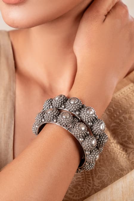 Shop Anana Silver Plated Pearls Designer Kada at Aza Fashions Shop_Anana_Silver Plated Pearls Designer Kada _at_Aza_Fashions