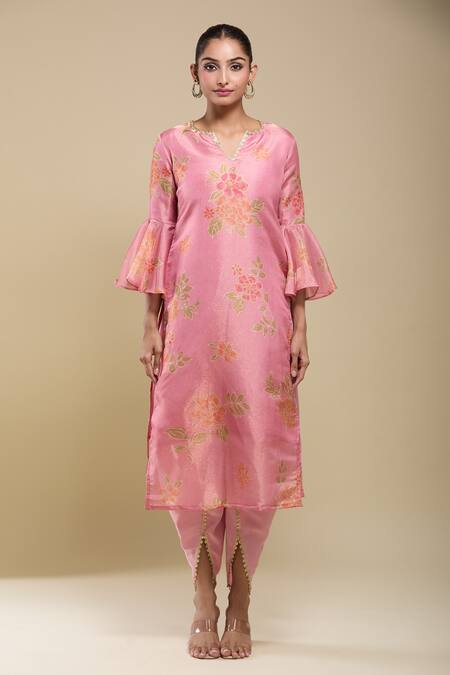 Buy Samyukta Singhania Pink Tissue, Crepe, Georgette Embroidery, Lace V-neck Floral Print Kurta Set Online at Aza Fashions Buy_Samyukta Singhania_Pink Tissue, Crepe, Georgette Embroidery, Lace V-neck Floral Print Kurta Set _Online_at_Aza_Fashions