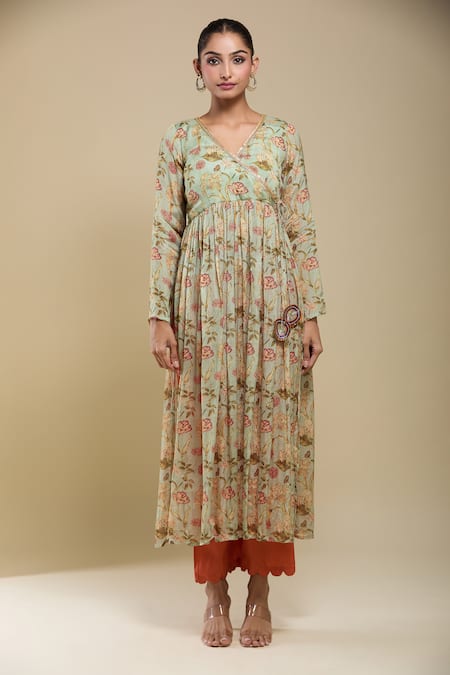 Samyukta Singhania Mint Chinon, Cotton, Modal Lace V-neck Green Printed Anarkali Set Online at Aza Fashions Samyukta Singhania_Mint Chinon, Cotton, Modal Lace V-neck Green Printed Anarkali Set _Online_at_Aza_Fashions