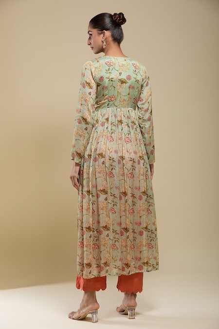 Shop Samyukta Singhania Mint Chinon, Cotton, Modal Lace V-neck Green Printed Anarkali Set at Aza Fashions Shop_Samyukta Singhania_Mint Chinon, Cotton, Modal Lace V-neck Green Printed Anarkali Set _at_Aza_Fashions