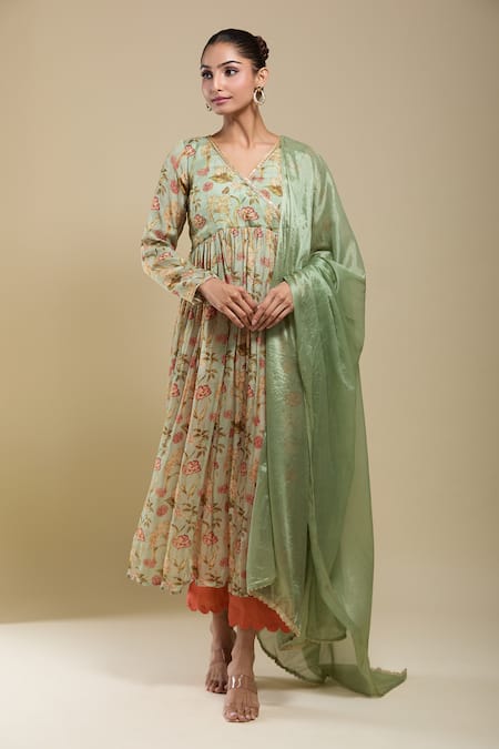 Buy Samyukta Singhania Mint Chinon, Cotton, Modal Lace V-neck Green Printed Anarkali Set Online at Aza Fashions Buy_Samyukta Singhania_Mint Chinon, Cotton, Modal Lace V-neck Green Printed Anarkali Set _Online_at_Aza_Fashions