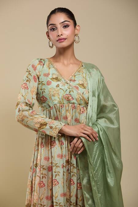 Shop Samyukta Singhania Mint Chinon, Cotton, Modal Lace V-neck Green Printed Anarkali Set Online at Aza Fashions Shop_Samyukta Singhania_Mint Chinon, Cotton, Modal Lace V-neck Green Printed Anarkali Set _Online_at_Aza_Fashions