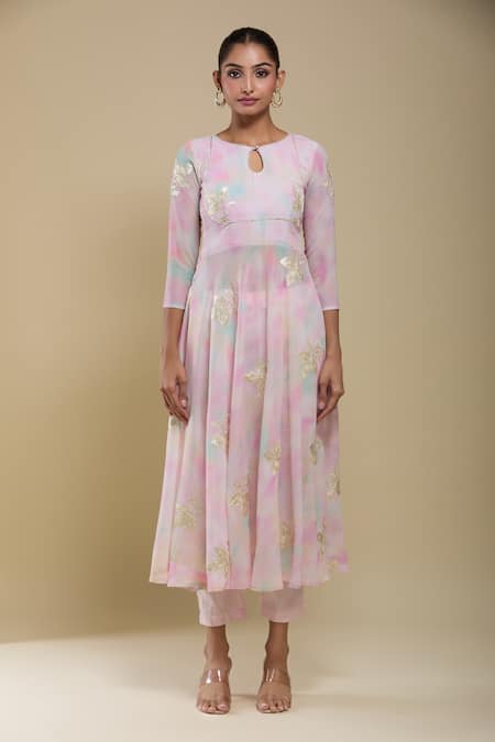 Samyukta Singhania_Pink Georgette, Cotton, Organza Gota Patti Multi-color Embroidered Anarkali Set _Online_at_Aza_Fashions