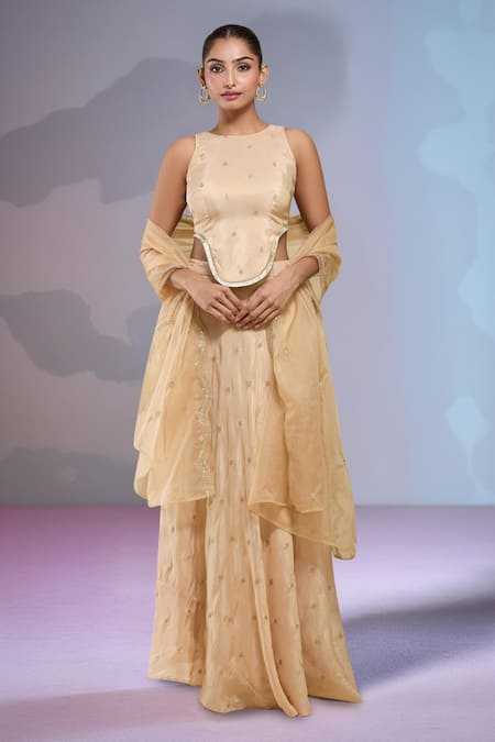 Samyukta Singhania Embroidered Beige Top & Skirt Set 