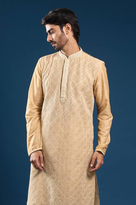 Arihant Rai Sinha_Beige Polyester, Cotton Embroidery Chiku Kurta And Pyjama Set _Online_at_Aza_Fashions