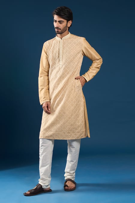 Shop_Arihant Rai Sinha_Beige Polyester, Cotton Embroidery Chiku Kurta And Pyjama Set _Online_at_Aza_Fashions