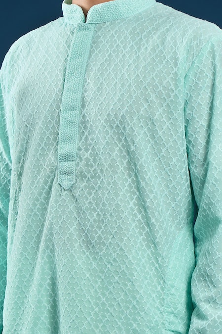 Arihant Rai Sinha_Green Georgette, Polyester, Cotton Embroidery Chikankari Sea Kurta Pyjama Set _Online_at_Aza_Fashions