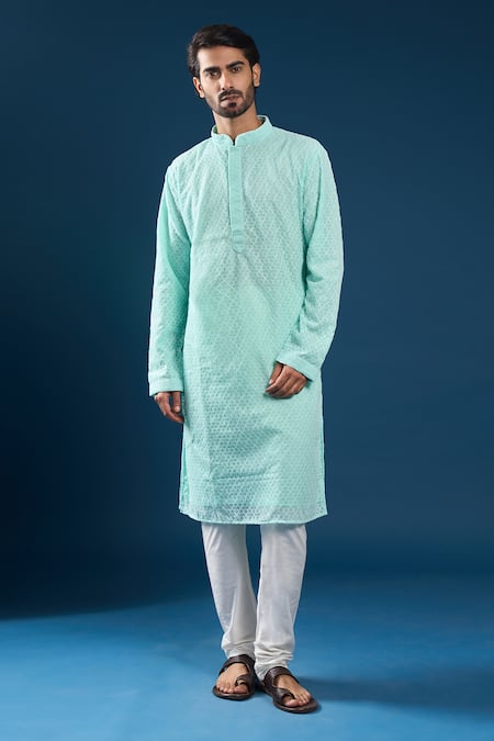 Buy_Arihant Rai Sinha_Green Georgette, Polyester, Cotton Embroidery Chikankari Sea Kurta Pyjama Set _Online_at_Aza_Fashions