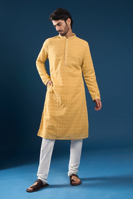 Arihant Rai Sinha Chikankari Mustard Yellow Kurta Set 