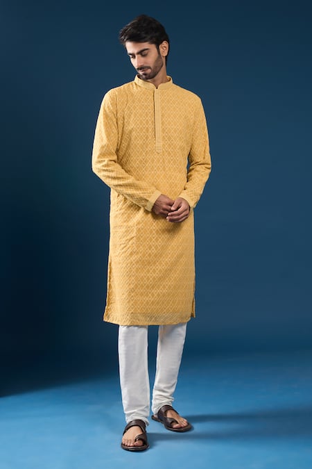 Arihant Rai Sinha_Mustard Georgette, Polyester, Cotton Embroidery Chikankari Yellow Kurta Set _Online_at_Aza_Fashions