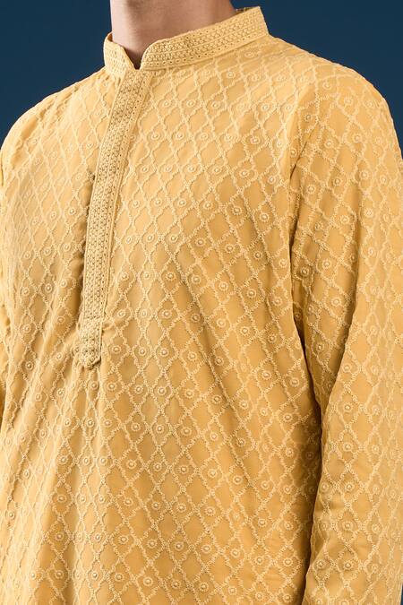 Shop_Arihant Rai Sinha_Mustard Georgette, Polyester, Cotton Embroidery Chikankari Yellow Kurta Set _Online_at_Aza_Fashions