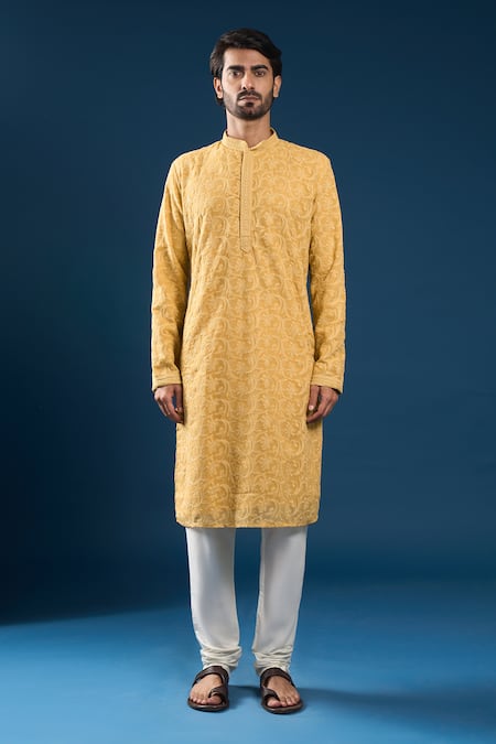 Arihant Rai Sinha_Mustard Georgette, Polyester, Cotton Embroidery Chikankari Yellow Kurta Set _Online_at_Aza_Fashions