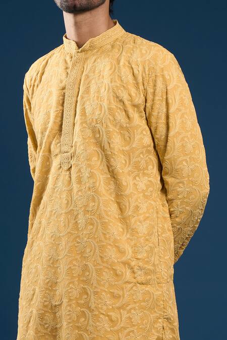 Buy_Arihant Rai Sinha_Mustard Georgette, Polyester, Cotton Embroidery Chikankari Yellow Kurta Set _Online_at_Aza_Fashions