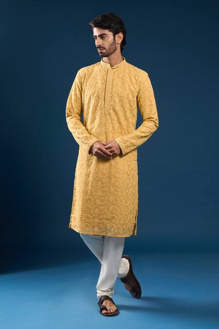 Shop_Arihant Rai Sinha_Mustard Georgette, Polyester, Cotton Embroidery Chikankari Yellow Kurta Set _Online_at_Aza_Fashions