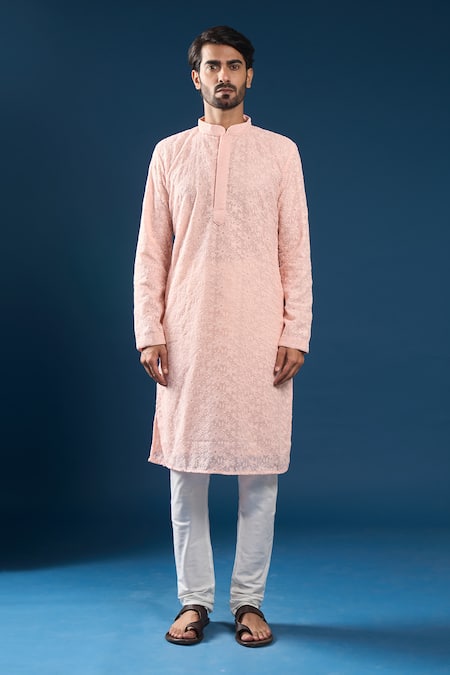 Arihant Rai Sinha_Pink Georgette, Polyester, Cotton Embroidery Chikankari Kurta Set _Online_at_Aza_Fashions