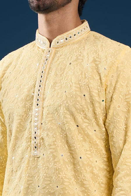 Arihant Rai Sinha Yellow Georgette, Polyester, Cotton Embroidery Chikankari Kurta And Pyjama Set Online at Aza Fashions Arihant Rai Sinha_Yellow Georgette, Polyester, Cotton Embroidery Chikankari Kurta And Pyjama Set _Online_at_Aza_Fashions