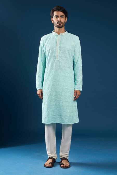 Arihant Rai Sinha_Green Georgette, Polyester, Cotton Embroidery Chikankari Sea Kurta Pyjama Set _Online_at_Aza_Fashions