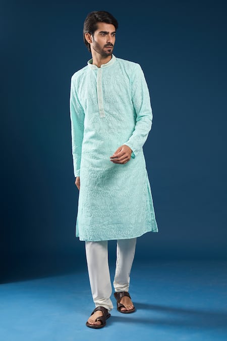 Buy_Arihant Rai Sinha_Green Georgette, Polyester, Cotton Embroidery Chikankari Sea Kurta Pyjama Set _Online_at_Aza_Fashions