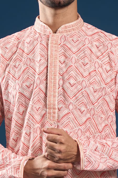 Shop_Arihant Rai Sinha_Peach Cotton, Polyester Embroidery Chikankari Printed Kurta And Pyjama Set _Online_at_Aza_Fashions
