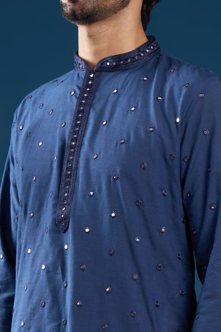 Arihant Rai Sinha_Navy Polyester, Cotton Embroidery Blue Kurta Pyjama Set _Online_at_Aza_Fashions