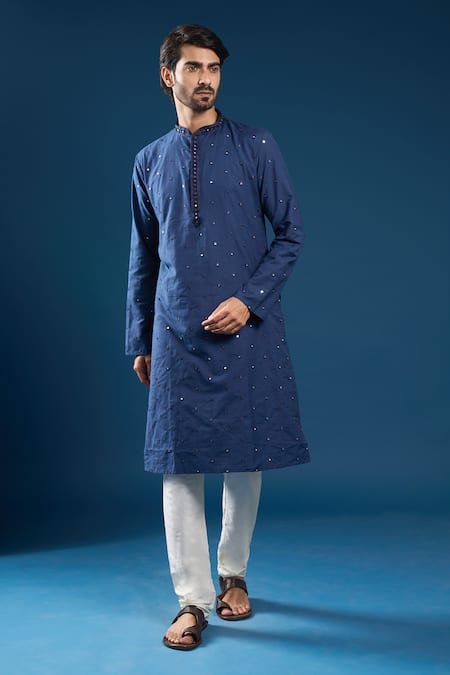 Buy_Arihant Rai Sinha_Navy Polyester, Cotton Embroidery Blue Kurta Pyjama Set _Online_at_Aza_Fashions