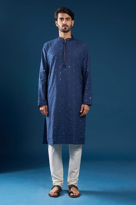 Arihant Rai Sinha_Navy Polyester, Cotton Embroidery Blue Kurta Pyjama Set _at_Aza_Fashions