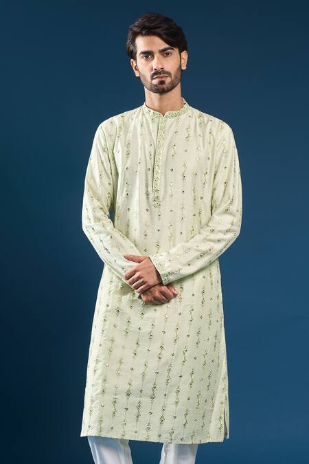 Buy_Arihant Rai Sinha_Green Silk, Polyester, Cotton Pista Blend Kurta And Pyjama Set _Online_at_Aza_Fashions