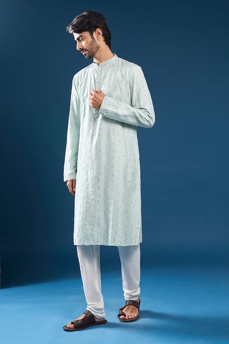 Arihant Rai Sinha_Sky Blue Silk, Polyester, Cotton Mirrors Kurta And Pyjama Set _Online_at_Aza_Fashions