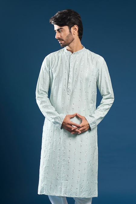 Shop_Arihant Rai Sinha_Sky Blue Silk, Polyester, Cotton Mirrors Kurta And Pyjama Set _Online_at_Aza_Fashions