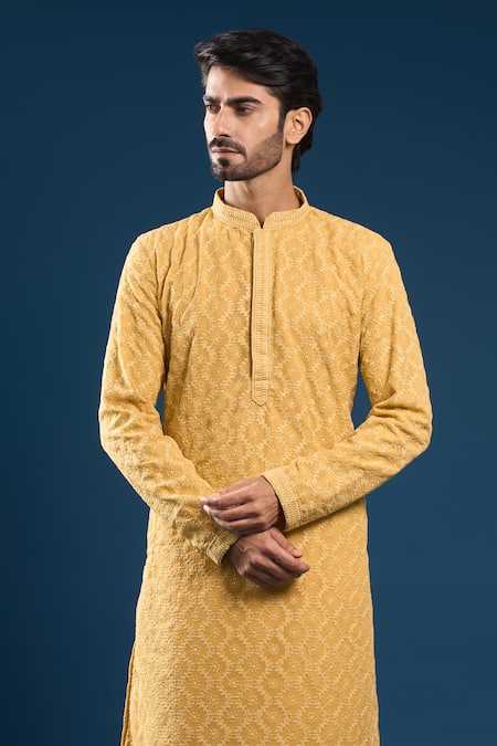 Arihant Rai Sinha_Yellow Cotton, Polyester Embroidery Mustard Chikankari Kurta And Pyjama Set _Online_at_Aza_Fashions
