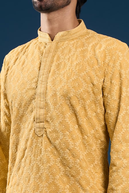 Buy_Arihant Rai Sinha_Yellow Cotton, Polyester Embroidery Mustard Chikankari Kurta And Pyjama Set _Online_at_Aza_Fashions