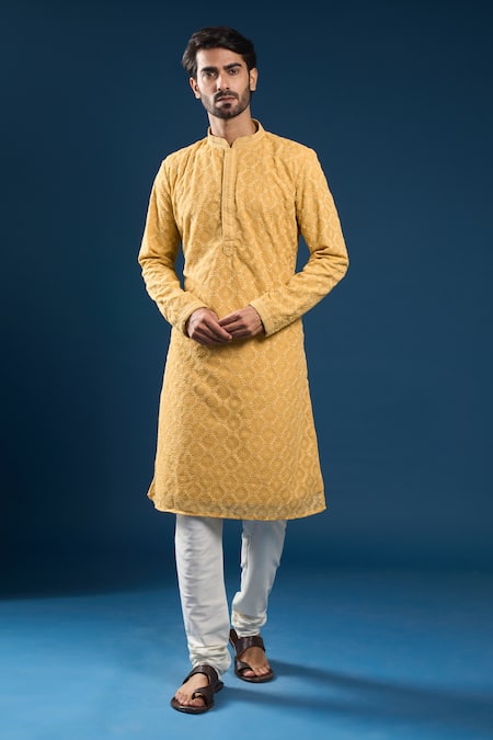 Arihant Rai Sinha Mustard Yellow Chikankari Kurta & Pyjama Set 