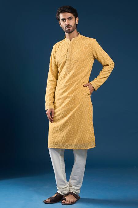 Buy_Arihant Rai Sinha_Yellow Cotton, Polyester Embroidery Mustard Chikankari Kurta And Pyjama Set 
