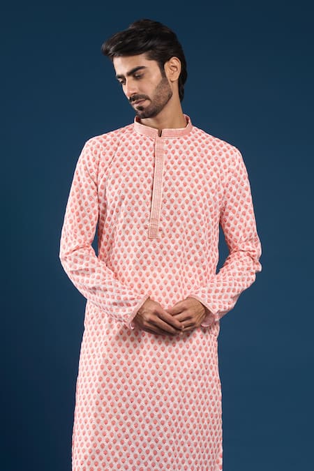 Arihant Rai Sinha_Pink Cotton, Polyester Embroidery Chikankari Printed Kurta And Pyjama Set _Online_at_Aza_Fashions