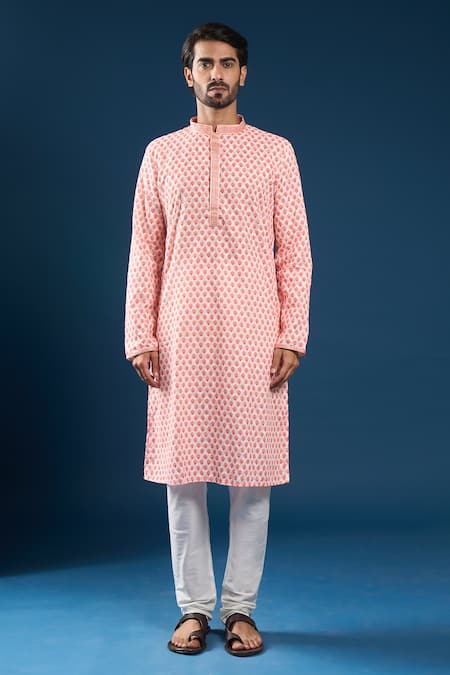 Shop_Arihant Rai Sinha_Pink Cotton, Polyester Embroidery Chikankari Printed Kurta And Pyjama Set _Online_at_Aza_Fashions