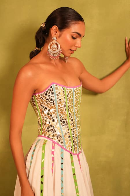 Kiran Kalsi_Multi Color Satin, Organza Embroidery Square Neck White Hand Corset Lehenga Set _Online_at_Aza_Fashions