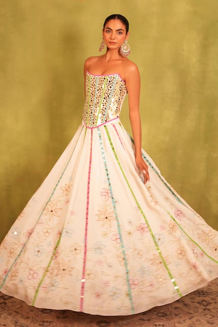 Shop_Kiran Kalsi_Multi Color Satin, Organza Embroidery Square Neck White Hand Corset Lehenga Set _Online_at_Aza_Fashions