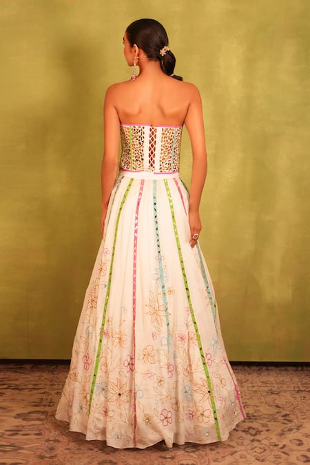 Kiran Kalsi White Hand Embroidered Corset Lehenga Set 