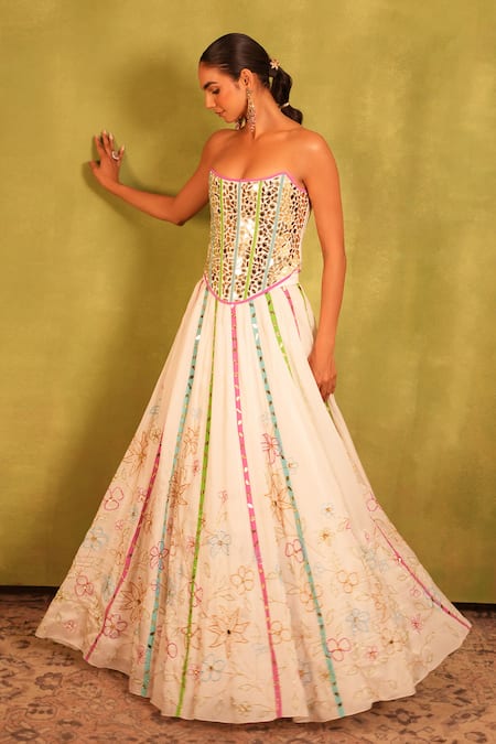 Kiran Kalsi_Multi Color Satin, Organza Embroidery Square Neck White Hand Corset Lehenga Set _at_Aza_Fashions