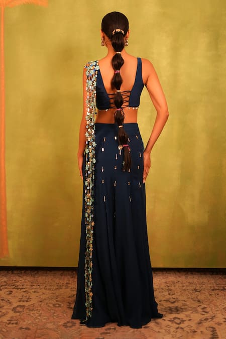 Kiran Kalsi Navy Blue Hand Embroidered Saree Set 