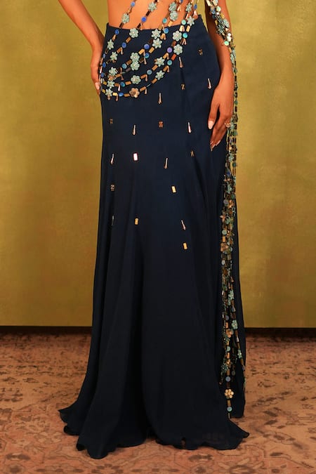 Buy_Kiran Kalsi_Navy Georgette Sequins Round Neck Blue Hand Embroidered Saree Set _Online_at_Aza_Fashions
