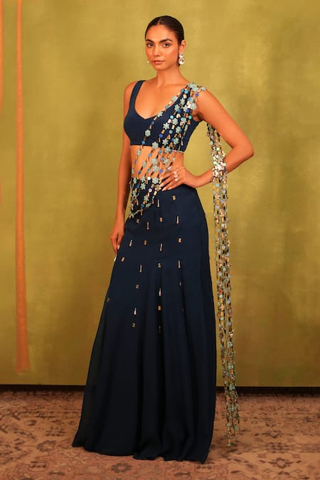 Buy_Kiran Kalsi_Navy Georgette Sequins Round Neck Blue Hand Embroidered Saree Set 