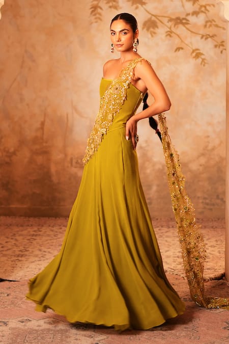 Buy_Kiran Kalsi_Olive Green Crepe, Georgette, Net Beads, Sequins, Embroidery Hand Corset Set _Online_at_Aza_Fashions