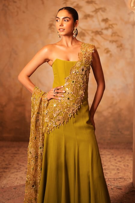 Shop_Kiran Kalsi_Olive Green Crepe, Georgette, Net Beads, Sequins, Embroidery Hand Corset Set _Online_at_Aza_Fashions